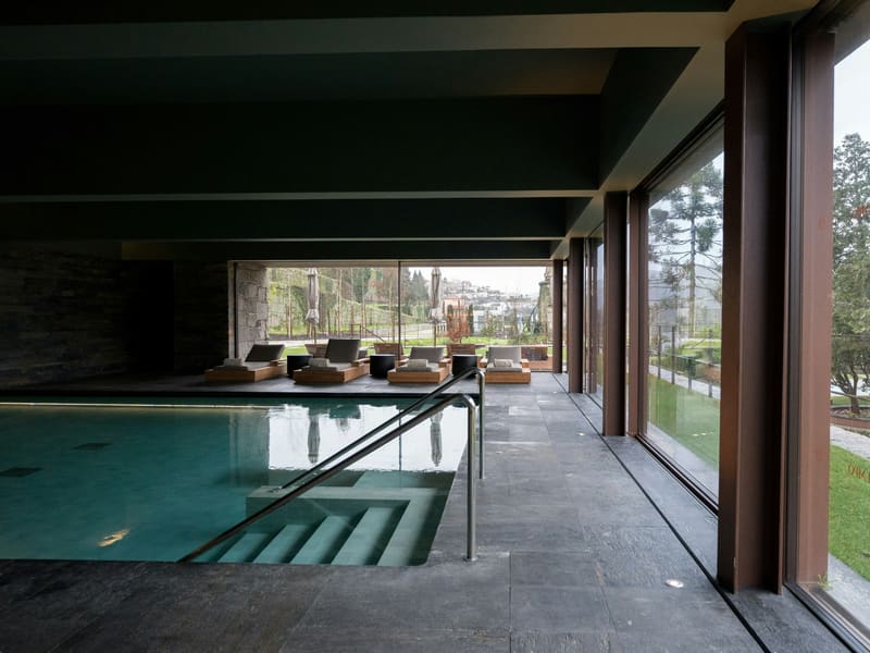 An indoor pool beside tall windows onto a garden.